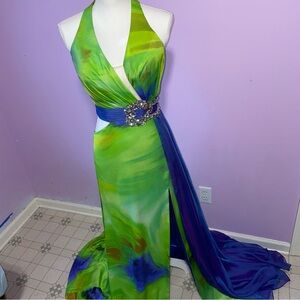 Cassandra Stone Mac Duggal Maxi Prom Dress Women Size 4 Rhinestone Y2K Cutout